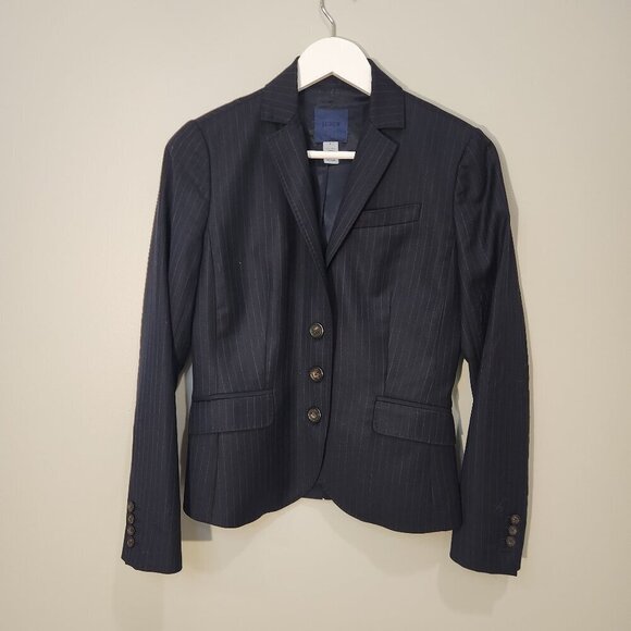 J. Crew Women's Pinstripe Wool Blazer Blue Notch Collar 3-Button - Size 4 - Picture 1 of 4